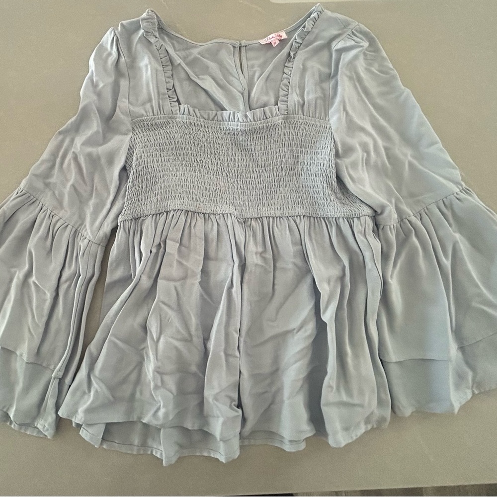 Pink Lily Light Gray/Blue Smocked Blouse